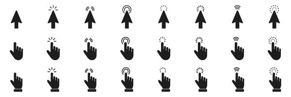 Arrow And Hand Cursor Solid Icon Set. Click And Tap Gesture Silhouette Symbol Collection. Isolated Illustration vector