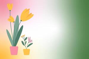 Green pink yellow gradient background with a flower pot containing a yellow flower. The flower pot is on the left side of the image. greeting card vector