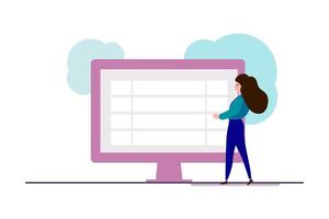 A woman stands in front of a computer monitor with a pink screen. She is pointing at the screen, possibly indicating something important. Concept of focus and determination vector