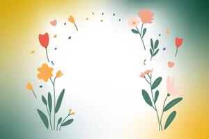 A colorful floral arrangement on a gradient green and yellow background. The flowers are arranged so that they seem to be fluttering in the wind. greeting card vector