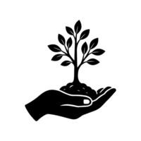 Hand holding small tree icon with soil and growth symbol vector