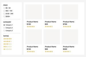 Online product grid layout with sidebar filters and ratings vector