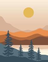 Sunset landscape background. Foliage line art drawing with abstract shape vector