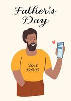 Father's day greeting card design with best dad message featuring a happy father holding a smartphone vector