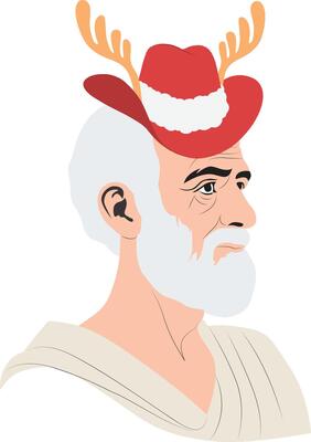 A cartoon Epimetheus wearing a red hat with antlers
