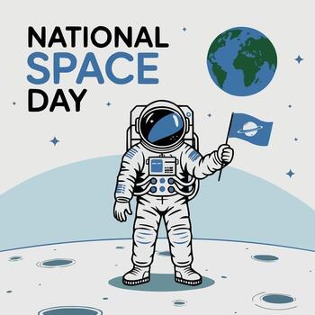 astronaut on the moon with flag and planet background vector