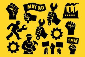 Labor Day May Day Icons with Workers Tools and Protest Symbols vector
