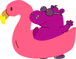A fun-loving purple hippo floating in a pink inflatable flamingo on the beach, creating a whimsical and vibrant summer scene with tropical flair png