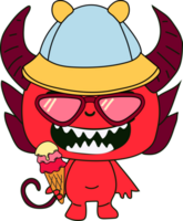 A cartoon devil enjoying a sweet ice cream cone, embracing a playful and mischievous vibe png
