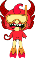 A cartoon character with horns, sporting a mask and flippers, eager for a fun and mysterious underwater journey png