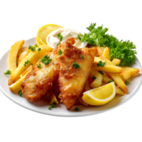 A plate of fish and chips with lemon wedges and parsley garnish png