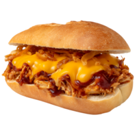 Close up of a pulled pork sandwich with cheese and fried onions png