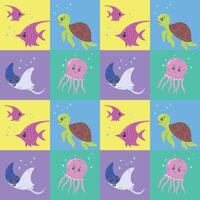 Seamless marine-themed block pattern with turtles, fish, jellyfish, and stingrays. illustration consisting of blocks, mosaics, made by hand. Marine life. illustration vector