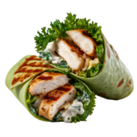Close up of two chicken wraps with lettuce and white sauce png