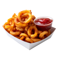 Close up of curly fries with ketchup in a white paper tray png