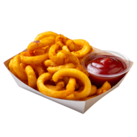A serving of curly fries with ketchup in a cardboard container png