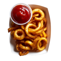 Overhead view of curly fries with ketchup in a white container png