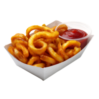 Curly fries with ketchup in a white cardboard container close up png