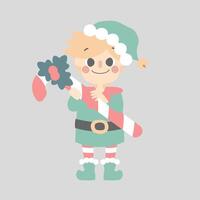 merry christmas and happy new year with cute little elf dwarf and candy cane vector
