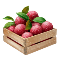Rustic Wooden Crate of Fresh Red Lychees with Green Leaves png
