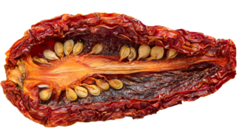 dried tomato half showing seeds and wrinkled inner texture in rich red color, close-up view of preserved vegetable on isolated background png