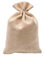 front view of natural beige canvas sack bag with drawstring knot and coarse texture on isolated background png