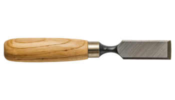 top view of a traditional woodworking chisel with wooden handle and sharp steel blade on isolated background png