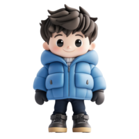 Smiling Cartoon Boy in Blue Winter Jacket Isolated on transparent Background png