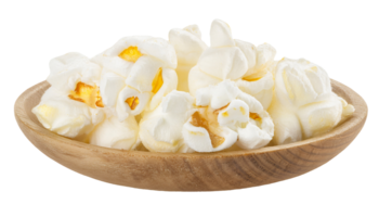 close up of white fluffy popcorn in wooden bowl on isolated background top view for snack and food concept png