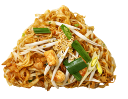 top view of authentic thai pad thai stir fried rice noodles with shrimp tofu bean sprouts green onion and crushed peanuts on isolated background png