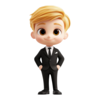 Adorable 3D Render of a Smiling Blonde Boy in a Black Suit Isolated on transparent Background png