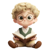 Adorable 3D Render of a Smiling Boy Reading a Book Isolated on transparent Background png