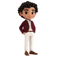 Smiling Cartoon Boy in Burgundy Jacket and White Pants Isolated on transparent Background png