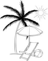 Beach scene with a chair, umbrella, sun, ball, palm tree. graphic line ink composition. Banner, poster, wrapping paper, sticker, print, modern textile design. vector