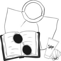 Beach bag, book, sunglasses, SPF cream, seashell composition. graphic line ink Beach essentials for perfect day in the sun. Summer vacation travel beach stuff. vector
