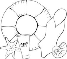 Swimsuit, starfish, seashell, SPF cream composition. graphic line ink Tourist symbols and attributes for relaxing on the beach isolated on a white background for package, cosmetic, textile vector