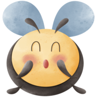 This image shows a cute, round bee with a surprised expression. The bee is yellow with black stripes, blue wings and antennae. Its eyes are closed in an upward curve and it has pink cheeks. png