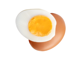 Raw chicken eggs and cooked or boiled chicken egg with egg yolk in half in stack isolated with clipping path in file format png