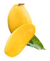 Single ripe mango and half with green leaves and water droplets in cross shape isolated with clipping path in file format png
