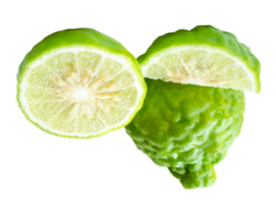 Side view of fresh green bergamot fruit or kaffir lime with half and slice or quarter in stack isolated with clipping path in format png