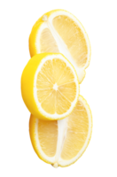 Three ripe yellow lemon pieces in two ellipses and one circle slice in stack isolated with clipping path in file format png