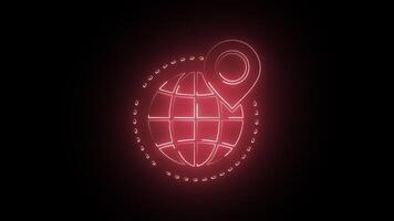 Glowing red color neon Business global location icon loop animation, glowing neon Business global location logo animation 4k on black background, with alpha. video