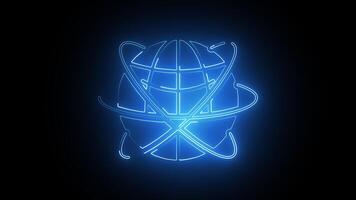 Glowing blue color neon business data global icon loop animation, glowing neon business data global logo animation 4k on black background, with alpha. video