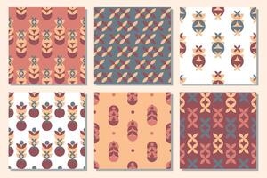 Set of geometric seamless patterns with abstract geometric leaves and shapes. Scandinavian motifs. Mosaic pattern. vector
