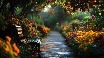 Lush garden pathway adorned with vibrant flowers and greenery, inviting relaxation with a wooden bench under a floral canopy. photo