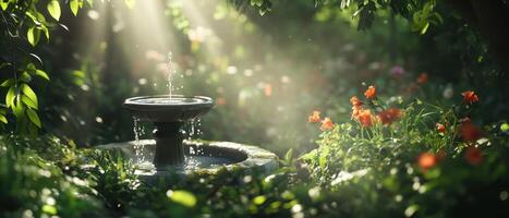 A serene garden fountain surrounded by lush greenery and colorful flowers, illuminated by soft sunlight filtering through the leaves. photo