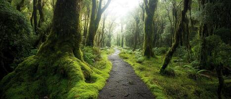 Lush forest path illuminated by soft light, surrounded by towering trees and vibrant greenery, creating a tranquil and serene atmosphere. photo