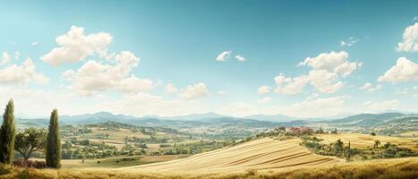 Vast landscape featuring rolling hills, lush fields, and a clear blue sky adorned with clouds, creating a serene natural scene. photo