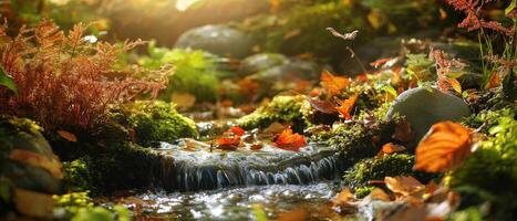 un sereno corriente fluye mediante un vibrante otoño paisaje, rodeado por vistoso hojas y lozano verdor, iluminado por suave luz de sol. foto
