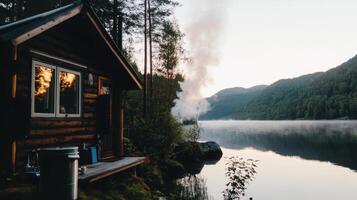 A serene lakeside cabin surrounded by lush forests, reflecting tranquility and nature's beauty as mist rises from the calm water. photo
